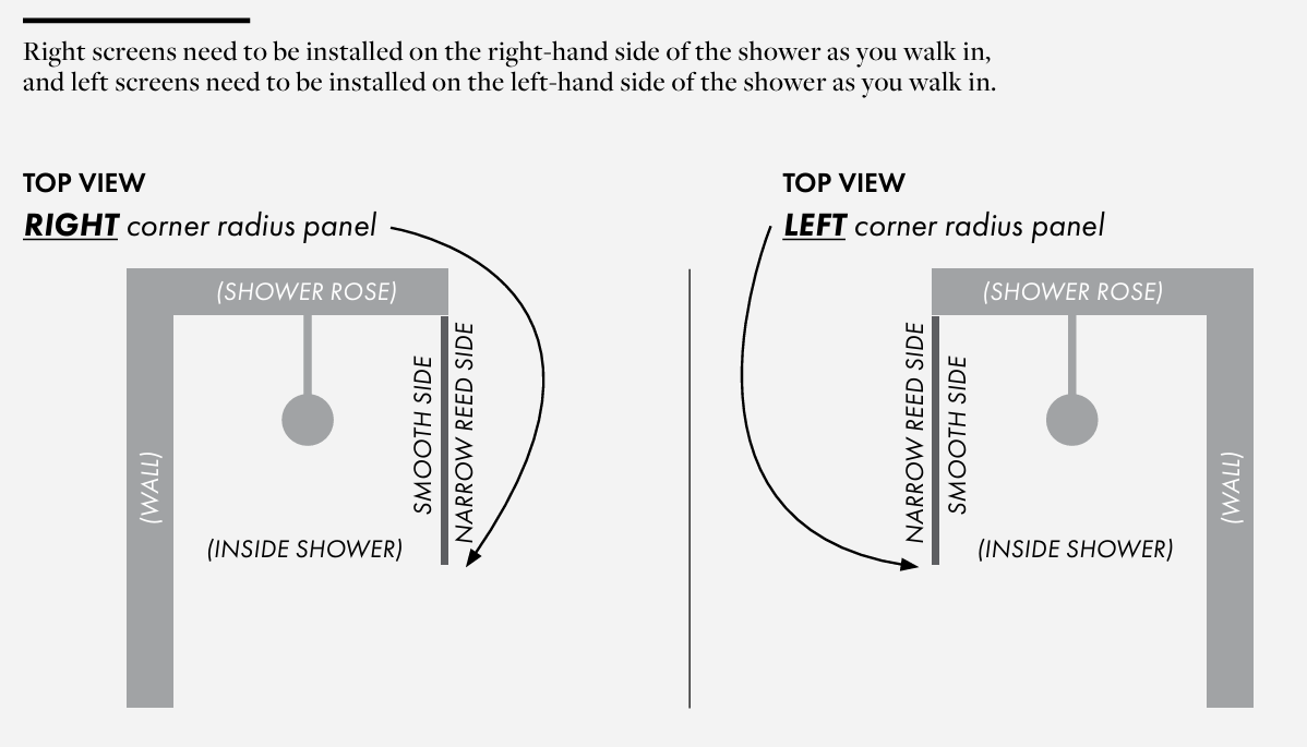 Purity Shower Screen Fixed Panel With Featured Radius Corner And Ultra Clear Narrow Reeded Design – 10mm Clear Toughened Glass, Multiple Sizes Available