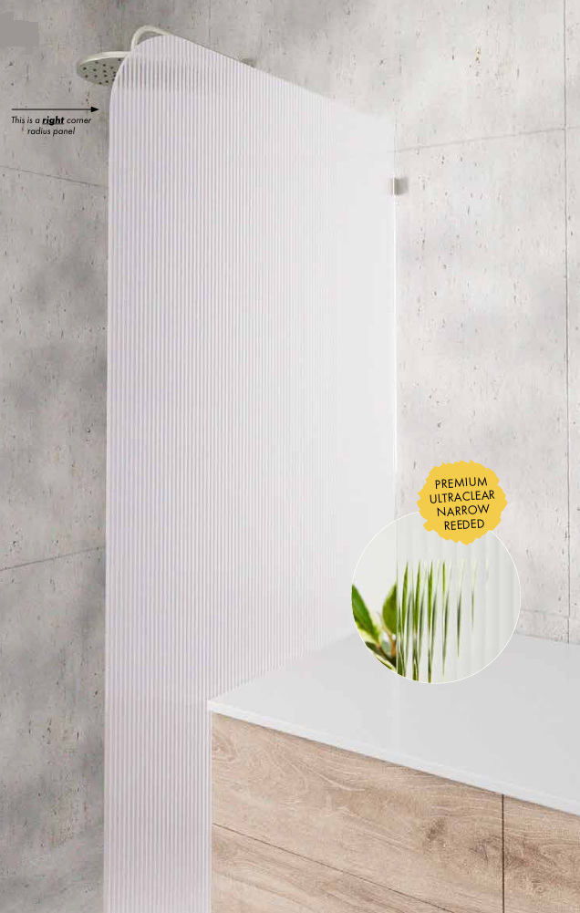 Purity Shower Screen Fixed Panel With Featured Radius Corner And Ultra Clear Narrow Reeded Design – 10mm Clear Toughened Glass, Multiple Sizes Available